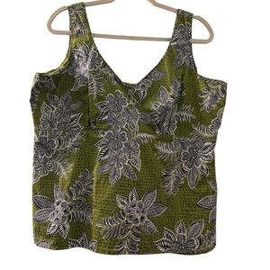 TALBOTS top, Large, sleeveless, short length Green and black floral. Fully Lined